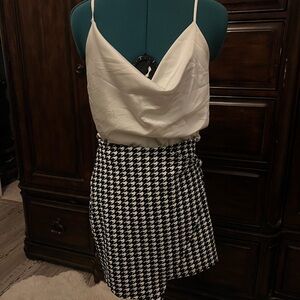 White Cowl Neck Camisole with Black & White Houndstooth Skirt